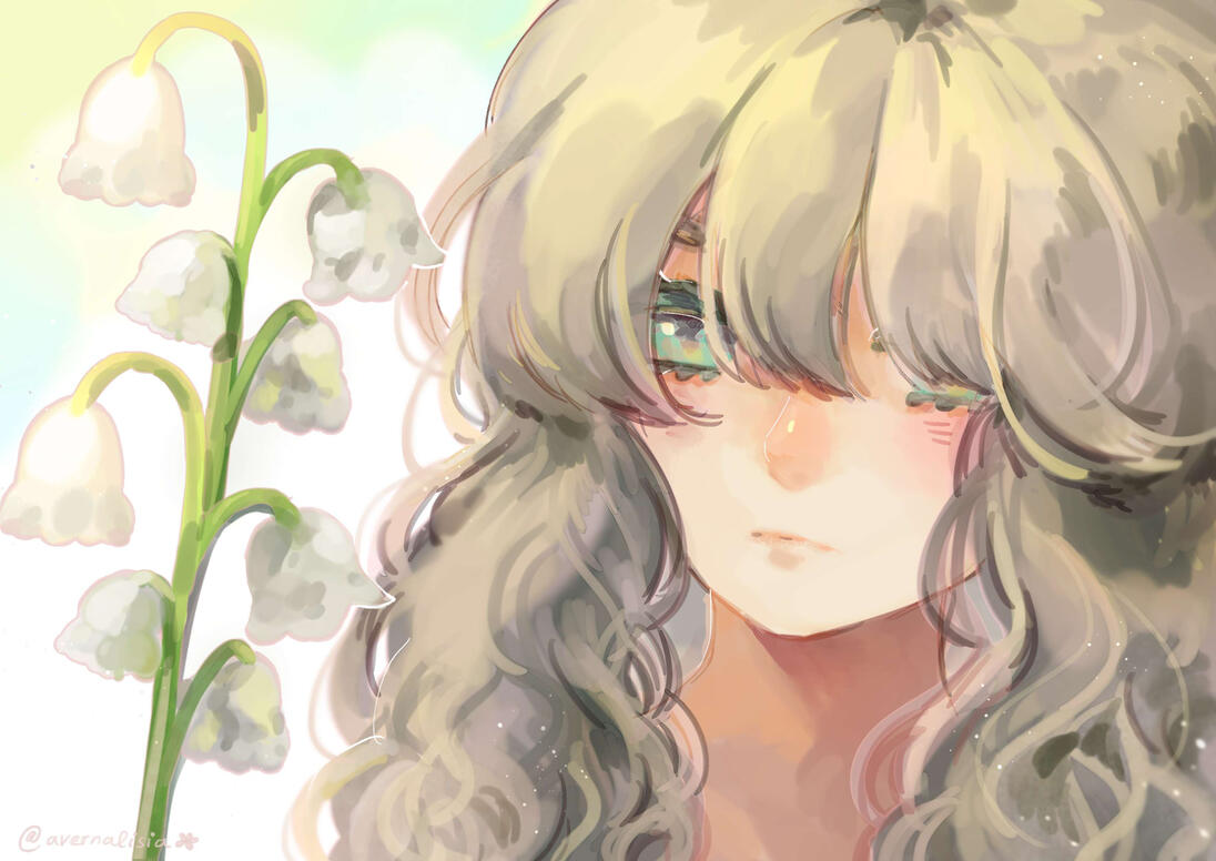 (December 2024) An original character themed around the lily of the valley flower. Drawn on Clip Studio Paint. The inspiration for this coloring style are from watercolor and copic-works in Shoujo manga cover illustrations.