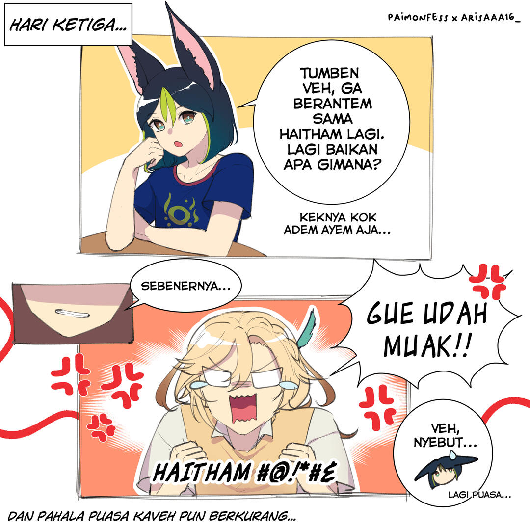 A joint collaboration for a weekly comic project with artist @sukiventi/sukiventl (X/Twitter) with Genshin Impact Indonesian unofficial fanbase Paimonfess, in celebration of the holy month of Ramadhan (March 2023). Worked on under the name @arisaaa16_.