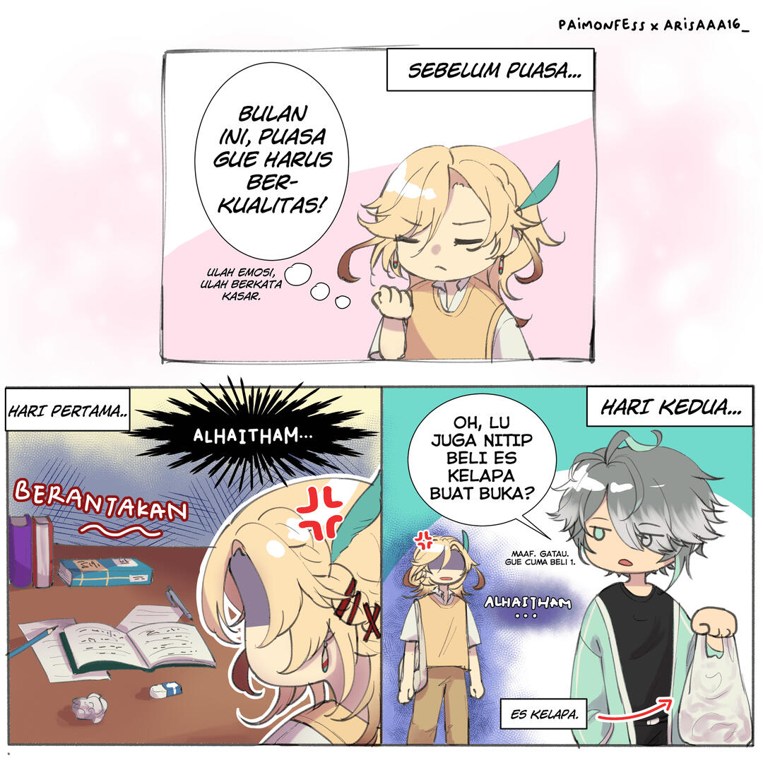 A joint collaboration for a weekly comic project with artist @sukiventi/sukiventl (X/Twitter) with Genshin Impact Indonesian unofficial fanbase Paimonfess, in celebration of the holy month of Ramadhan (March 2023). Worked on under the name @arisaaa16_.